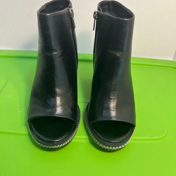 Vince Camuto Black Open-Toe Leather Ankle Booties with Silver Trim - Picture 2 of 15